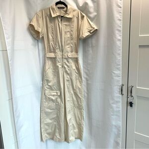 Zara cream short sleeve cargo wide leg jumpsuit Sz S pockets front zip NWOT